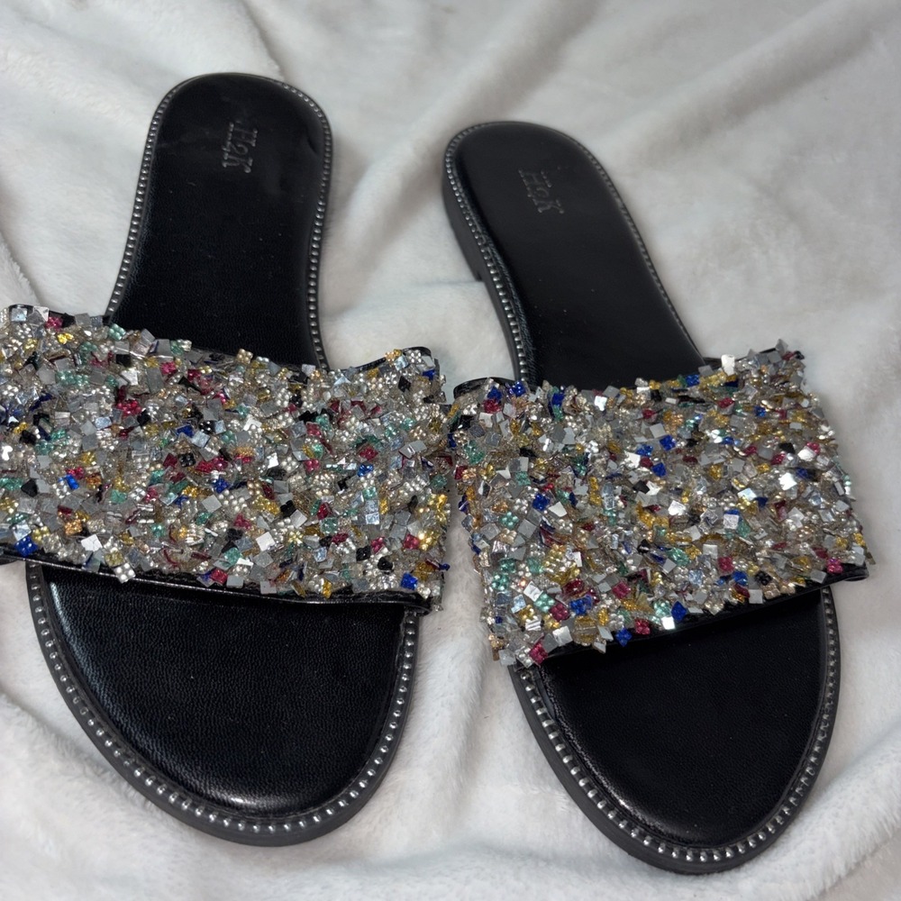Women's Rhinestone Glitter Bling Flat Slide Sandal Shoes Size 10